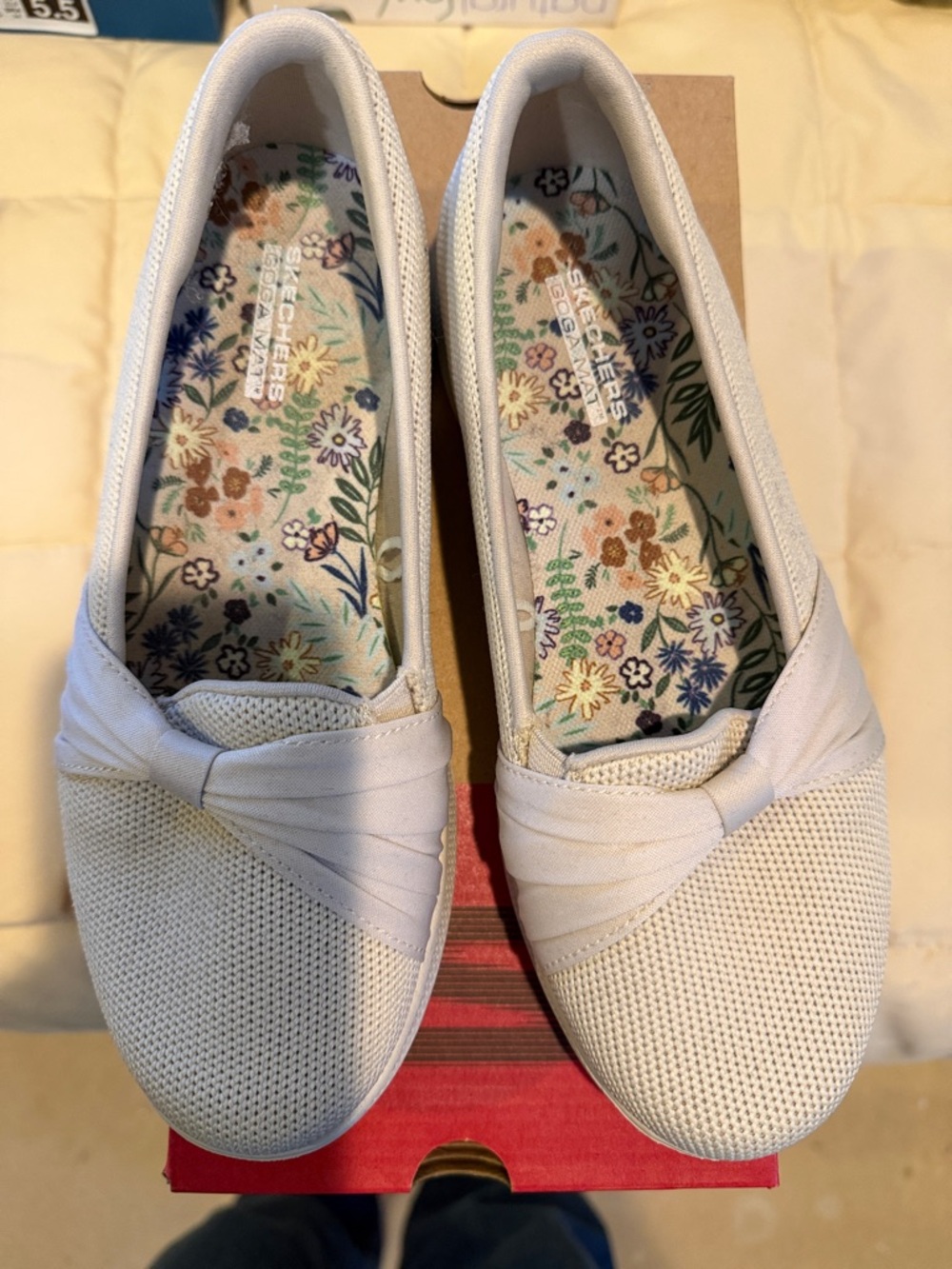 Skechers Women's White Knit Slip-On Flats with Floral Insole